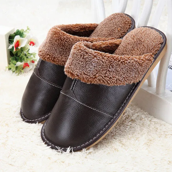 Home Boots Slippers Fayuekey New Fashion Winter Leather Home Slippers Men Indoor\ Floor Outdoor Slippers Warm Cotton Plu