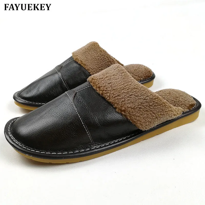 Fayuekey New Fashion Winter Leather Home Slippers Men Indoor\ Floor Outdoor Slippers Warm Cotton Plu Slippers Dance