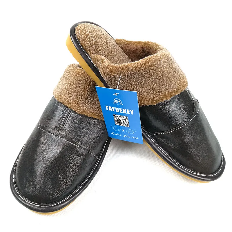 Fayuekey New Fashion Winter Leather Home Slippers Men Indoor\ Floor Outdoor Slippers Warm Cotton Plu Grandpa's Slippers