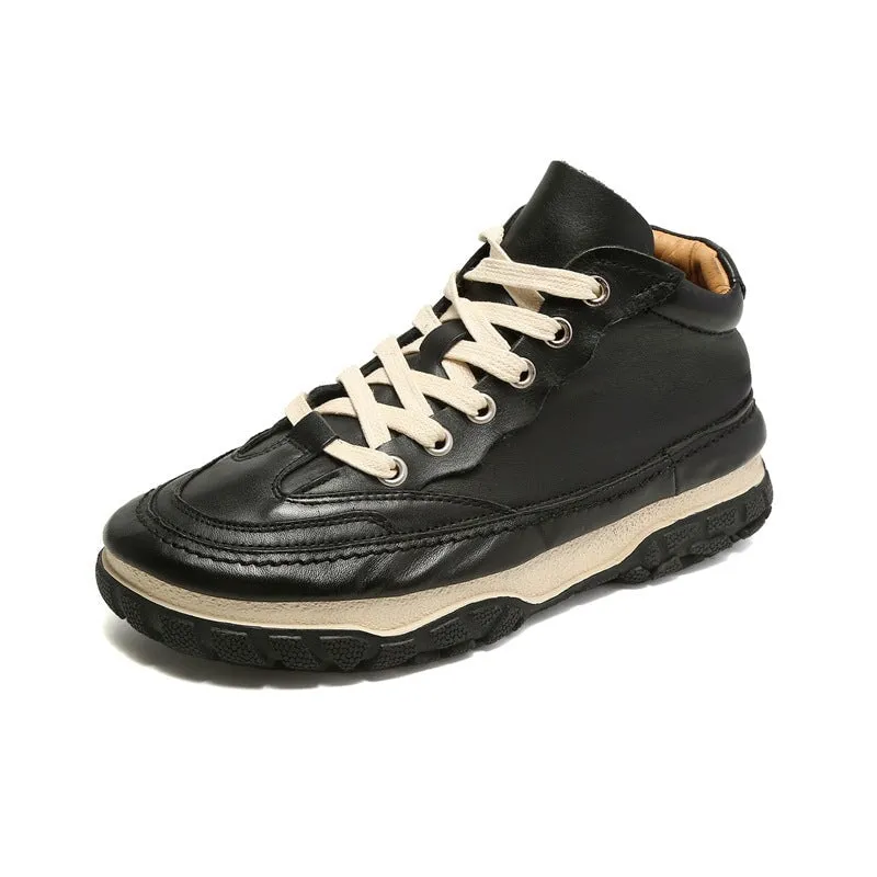 Mid Heel Oxfords Women's Leather Booties Round Toe Lace-Up Flat Ankle Boots Handmade in Red/Brown/Black