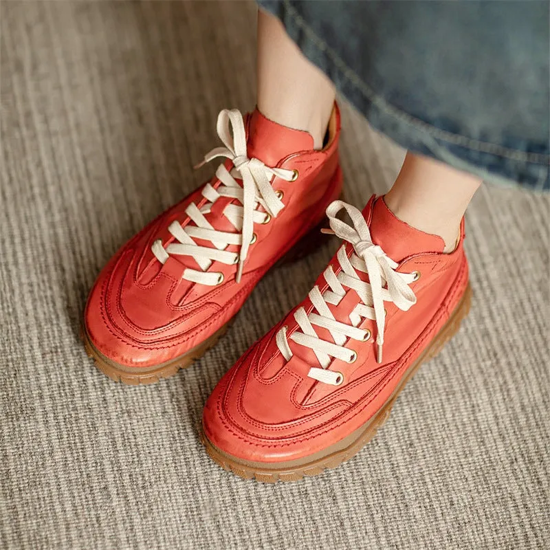 Oxford Blue High Shine Women's Leather Booties Round Toe Lace-Up Flat Ankle Boots Handmade in Red/Brown/Black