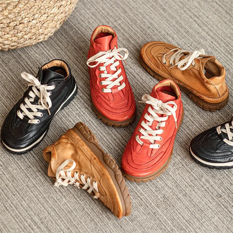 Women's Leather Booties Round Toe Lace-Up Flat Ankle Boots Handmade in Red/Brown/Black 210d Oxford Material