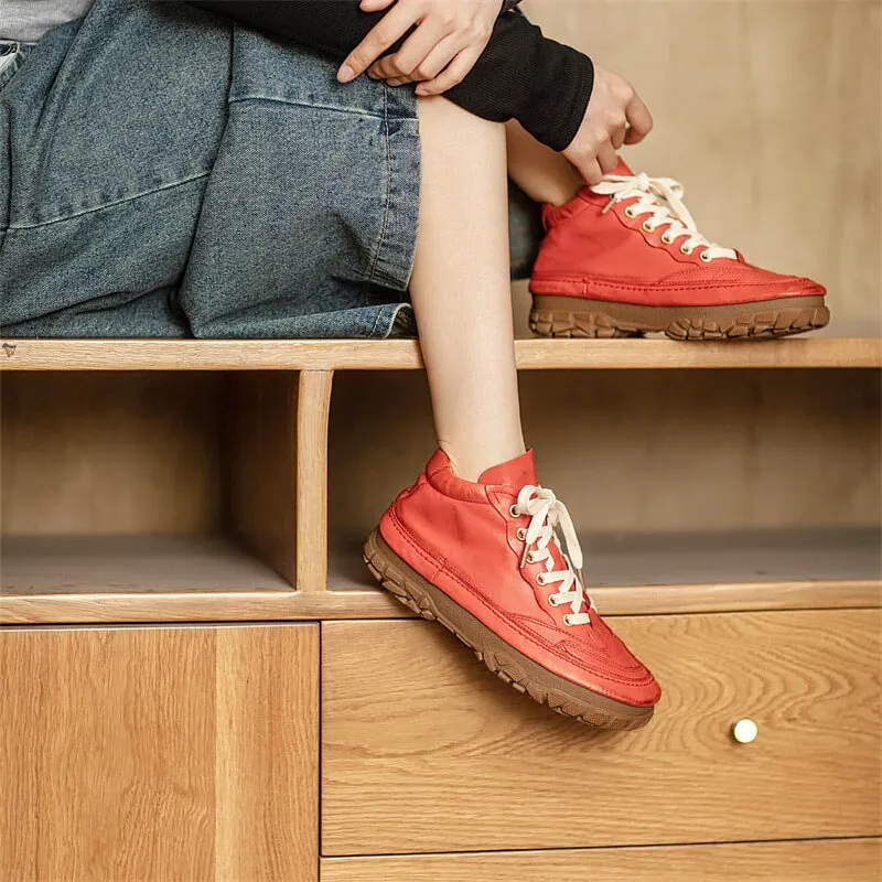 Women's Leather Booties Round Toe Lace-Up Flat Ankle Boots Handmade in Red/Brown/Black Oxfords Learner's Dictionary