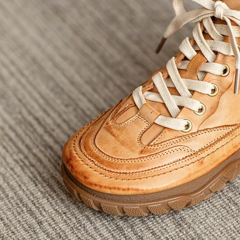 Originalgrand Wingtip Oxford Women's Leather Booties Round Toe Lace-Up Flat Ankle Boots Handmade in Red/Brown/Black