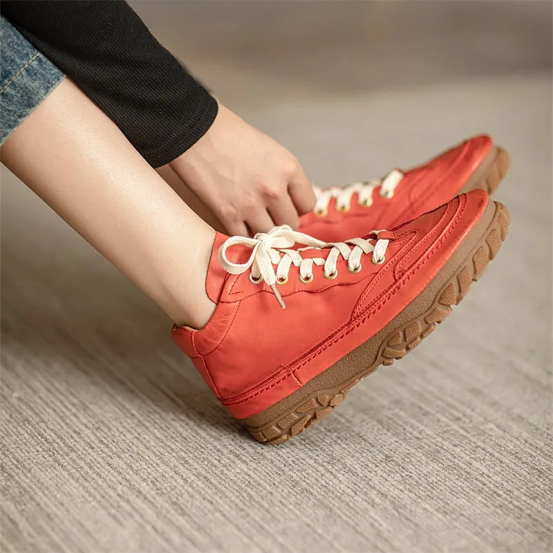 Dr Marten Oxfords Women's Leather Booties Round Toe Lace-Up Flat Ankle Boots Handmade in Red/Brown/Black