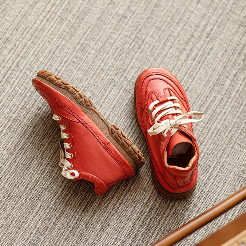 Oxfords Vs Women's Leather Booties Round Toe Lace-Up Flat Ankle Boots Handmade in Red/Brown/Black