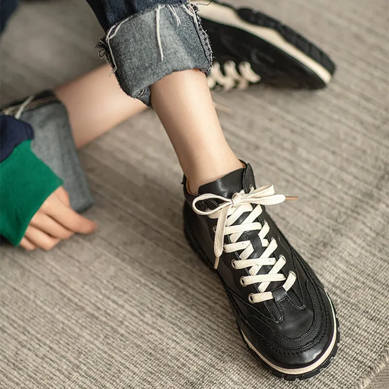 Women's Leather Booties Round Toe Lace-Up Flat Ankle Boots Handmade in Red/Brown/Black Oxford Bootie