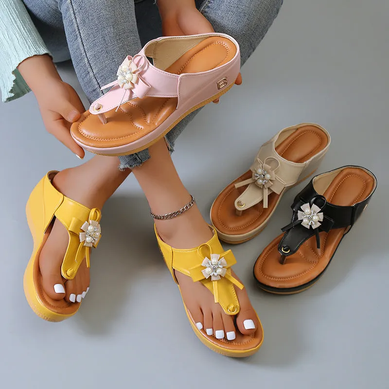 Sexy Flip Flops Flower Pearl Sandals Women Fashion Clip Toe Flip Flops Shoes Wedges Beach Shoes