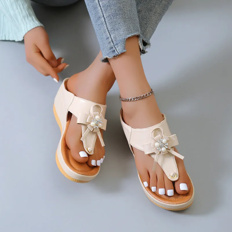 Flip Flops Wholesale For Weddings Flower Pearl Sandals Women Fashion Clip Toe Flip Flops Shoes Wedges Beach Shoes