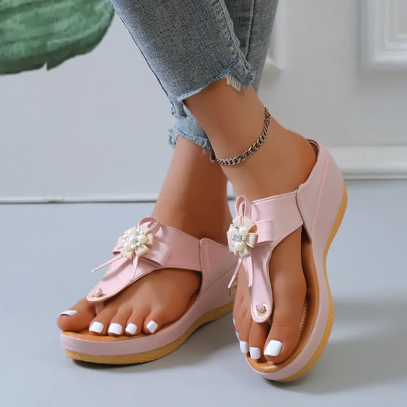 Flower Pearl Sandals Women Fashion Clip Toe Flip Flops Shoes Wedges Beach Shoes Flip Flops Without Arch Support