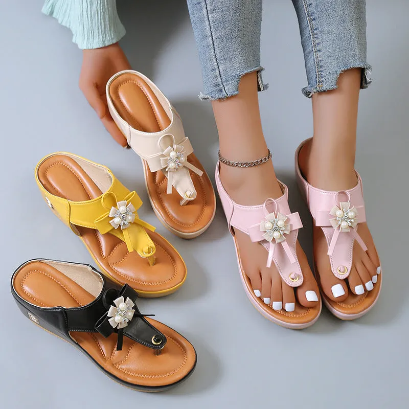 Flower Pearl Sandals Women Fashion Clip Toe Flip Flops Shoes Wedges Beach Shoes Print On Flip Flops