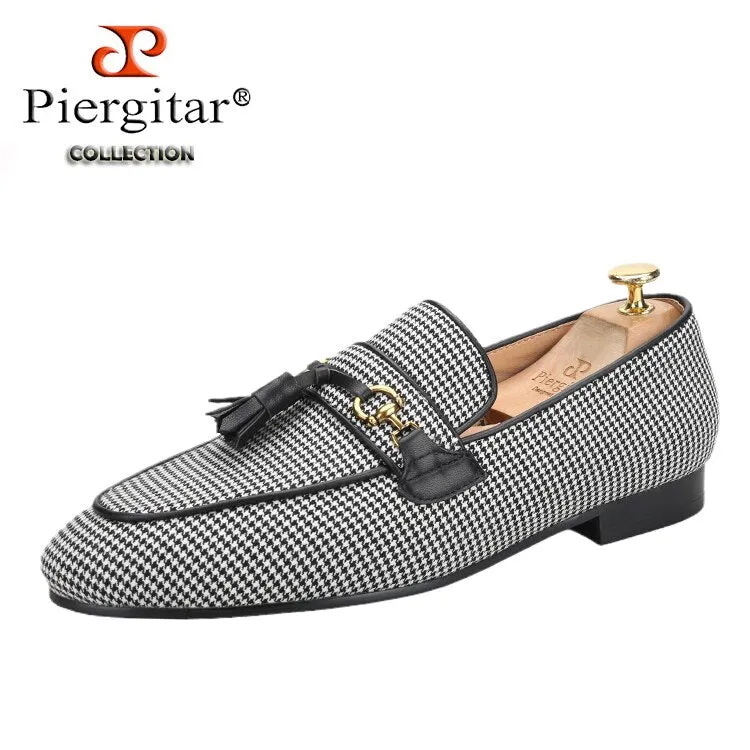 India Slippers Black And White Wool Houndstooth Slippers With Leather Tassels Moccasins