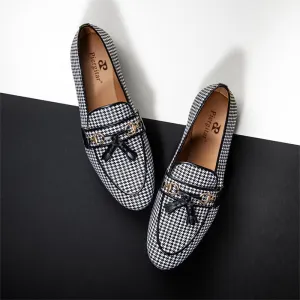 Mou Campfire Slitters Black And White Wool Houndstooth Slippers With Leather Tassels Moccasins