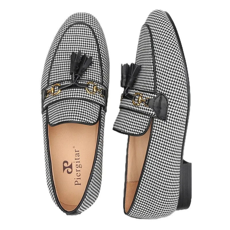 Genuine Sheepskin Slippers Black And White Wool Houndstooth Slippers With Leather Tassels Moccasins