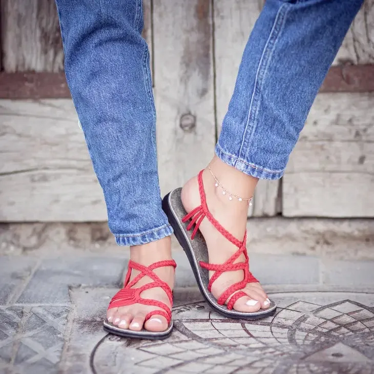 Plaka Red Palm Leaf Flat Sandals Japanese Loafers