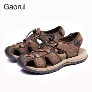 GAORUI New Men Sandals Genuine Leather Fashion Summer Shoes Men Slippers Breathable Male Causal Sandals Shoes Leather Plus Size Sandals Cover Toes