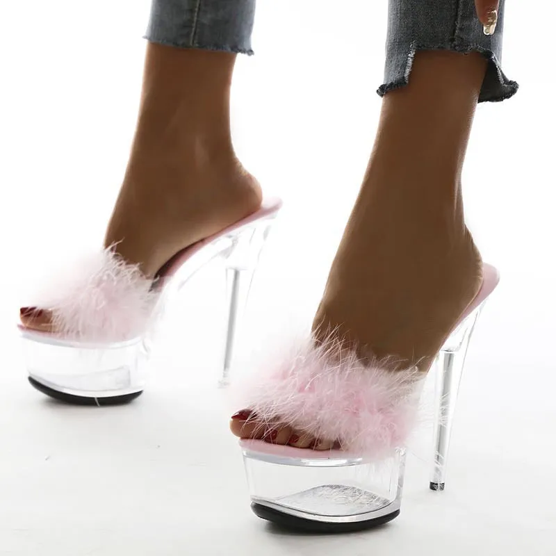 All Over Slippers Amozae---Back to school outfit   Woman Fur Platform Slippers Summer Women's Transparent High Heel   Women   Pump Ladies Peep Toe Footwear Female PVC Shoes