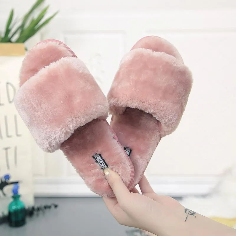 Chicvane Womens Solid Faux Fur Open Toe Fluffy Slide On House Slipper Miu Miu Slides