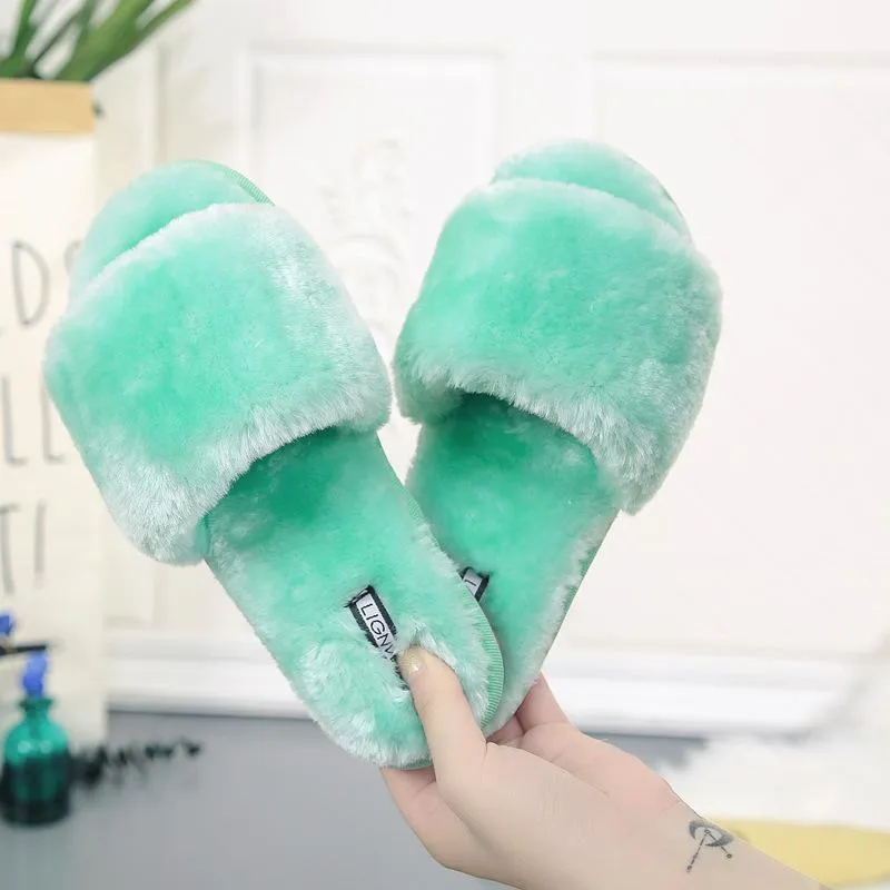 Chicvane Womens Solid Faux Fur Open Toe Fluffy Slide On House Slipper Family Slippers
