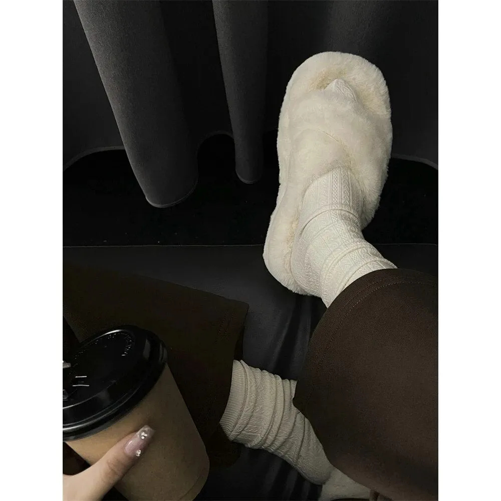 Purpdrank - Home Cotton Slippers Women Comfort Warm Shoes Non Slip Flats Slippers Ladies Flip Flops Platform Slippers Cute Style Plush Shoes Slippers With High Heels