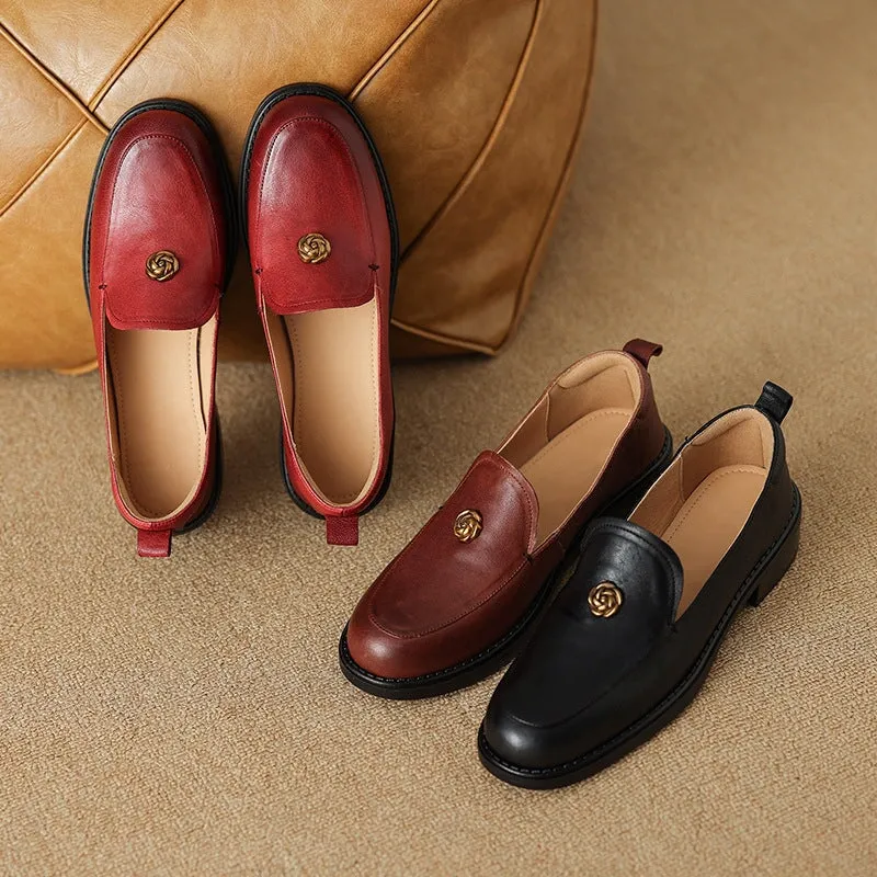 Handcrafted Retro Elegant Round Toe Red Large Size Loafers for Women Prada Brushed Leather Loafers