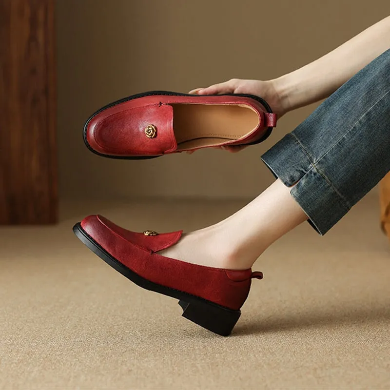 Loafers Jeans Handcrafted Retro Elegant Round Toe Red Large Size Loafers for Women