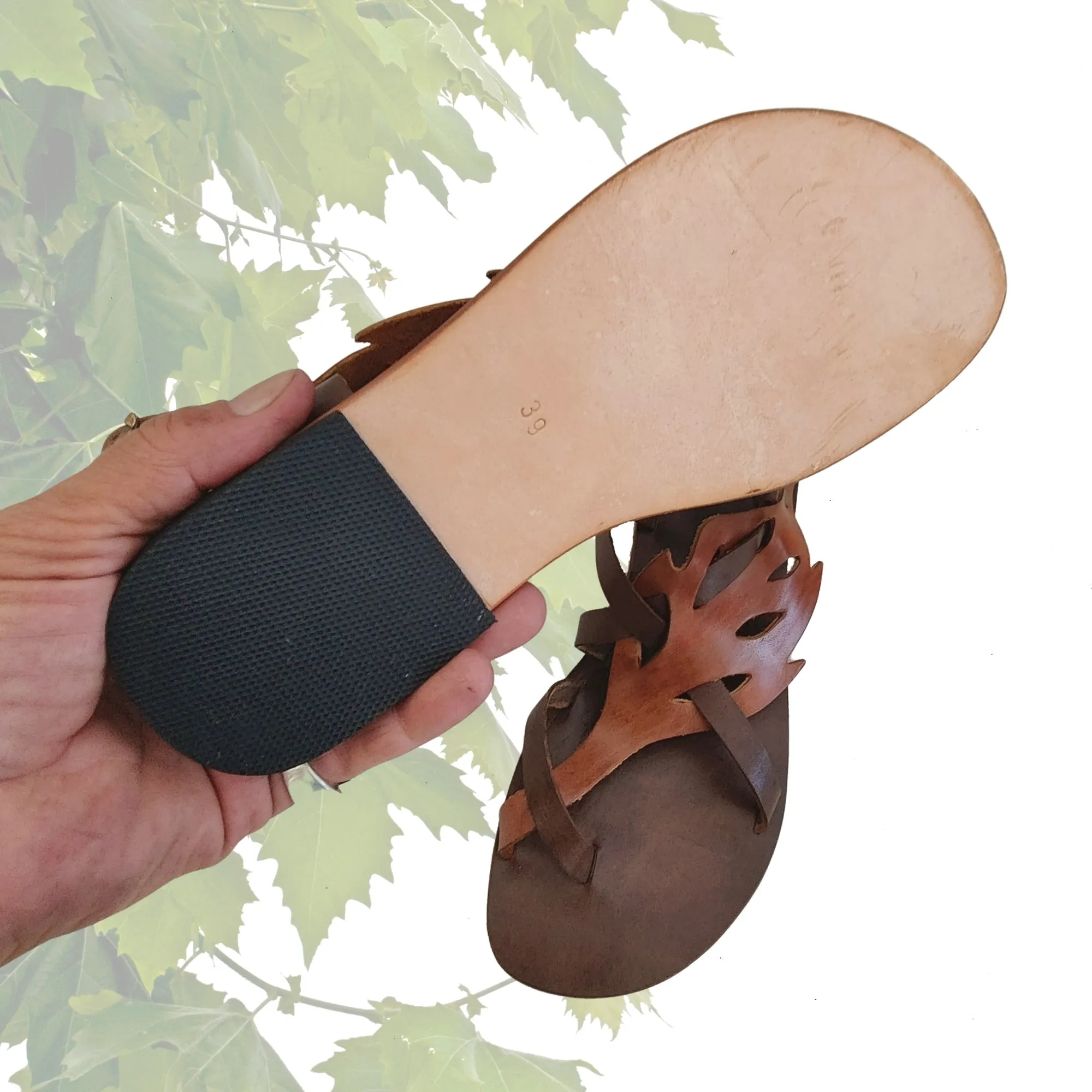 Wooden Sole Flip Flops Handcrafted Strappy Strappy Vegetal Leather Women Sandalet Leaf Design-Life Style Shoes-Gift Fashion Footwear-Strappy Sandal