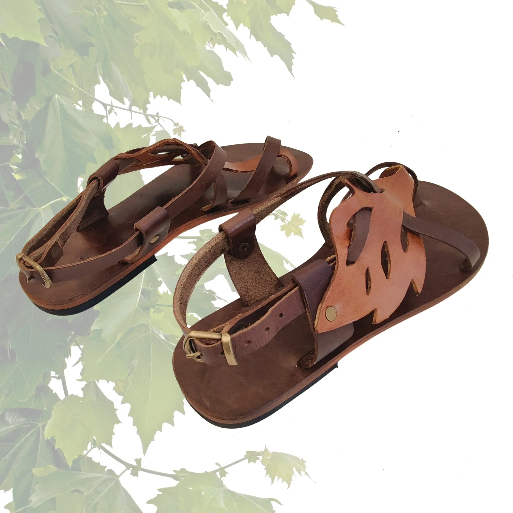 Wide Width Flip Flops Handcrafted Strappy Strappy Vegetal Leather Women Sandalet Leaf Design-Life Style Shoes-Gift Fashion Footwear-Strappy Sandal