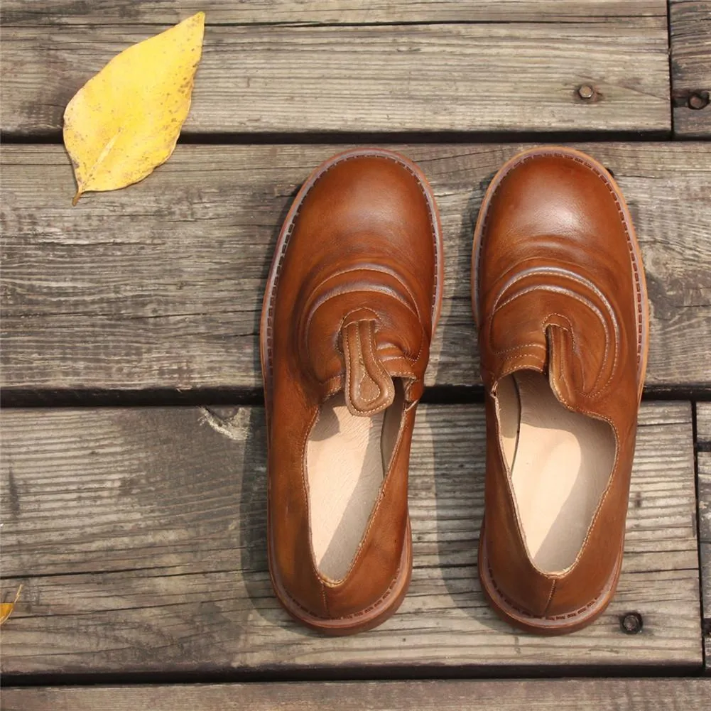 Handmade Brown Leather Shoes For Women Retro Loafers Work Shoes Slip On Shoes Bass Loafers Sizing