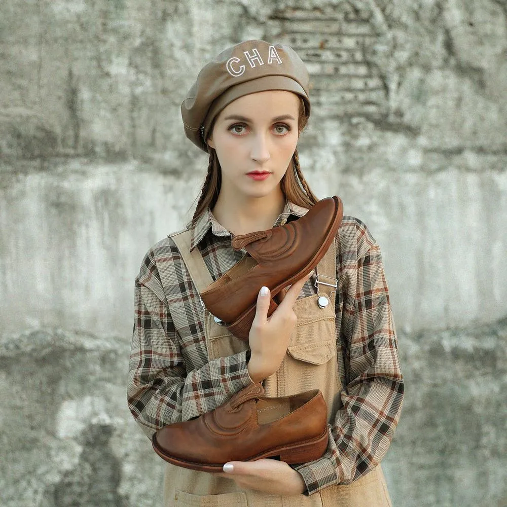 Handmade Brown Leather Shoes For Women Retro Loafers Work Shoes Slip On Shoes Quince Loafers