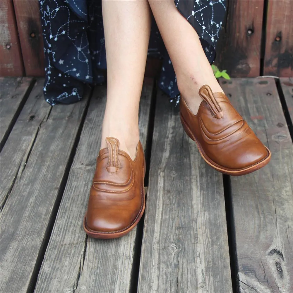 Loafers With The Socks Handmade Brown Leather Shoes For Women Retro Loafers Work Shoes Slip On Shoes