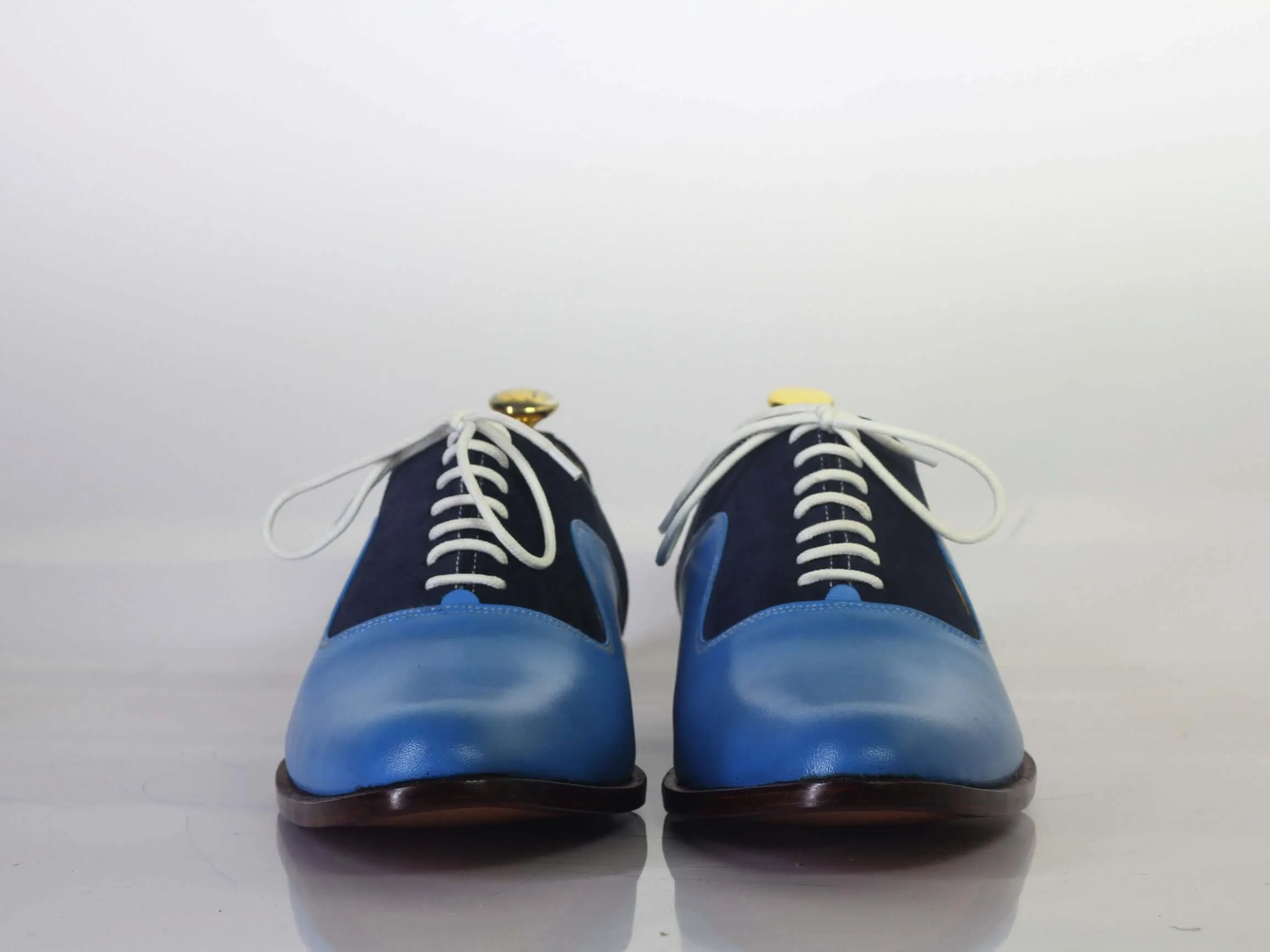 Handmade Men Blue Leather & Suede Lace Up Shoes, Men Dress Formal Designer Shoes Flat Shoes For Homecoming