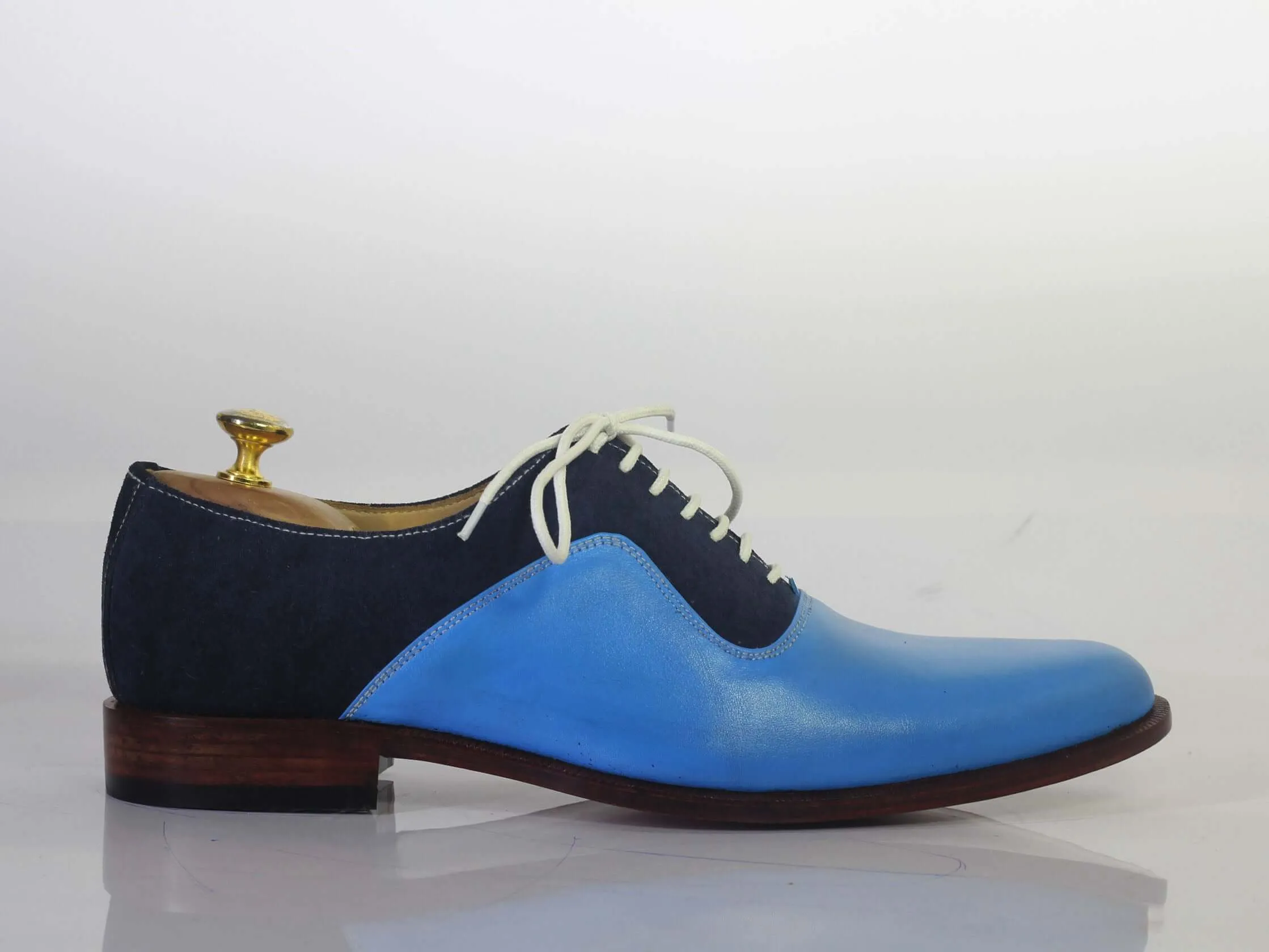 Handmade Men Blue Leather & Suede Lace Up Shoes, Men Dress Formal Designer Shoes 2025 Flat Shoes
