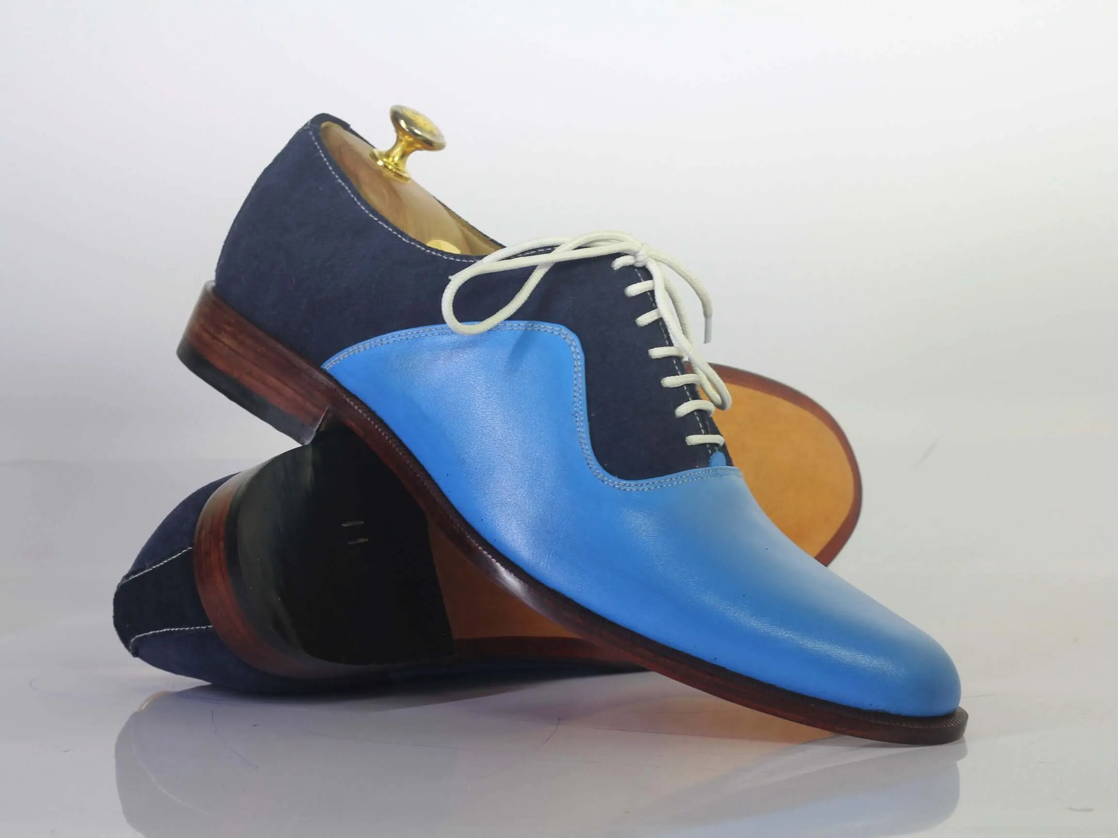 Comfy Flat Work Shoes Handmade Men Blue Leather & Suede Lace Up Shoes, Men Dress Formal Designer Shoes