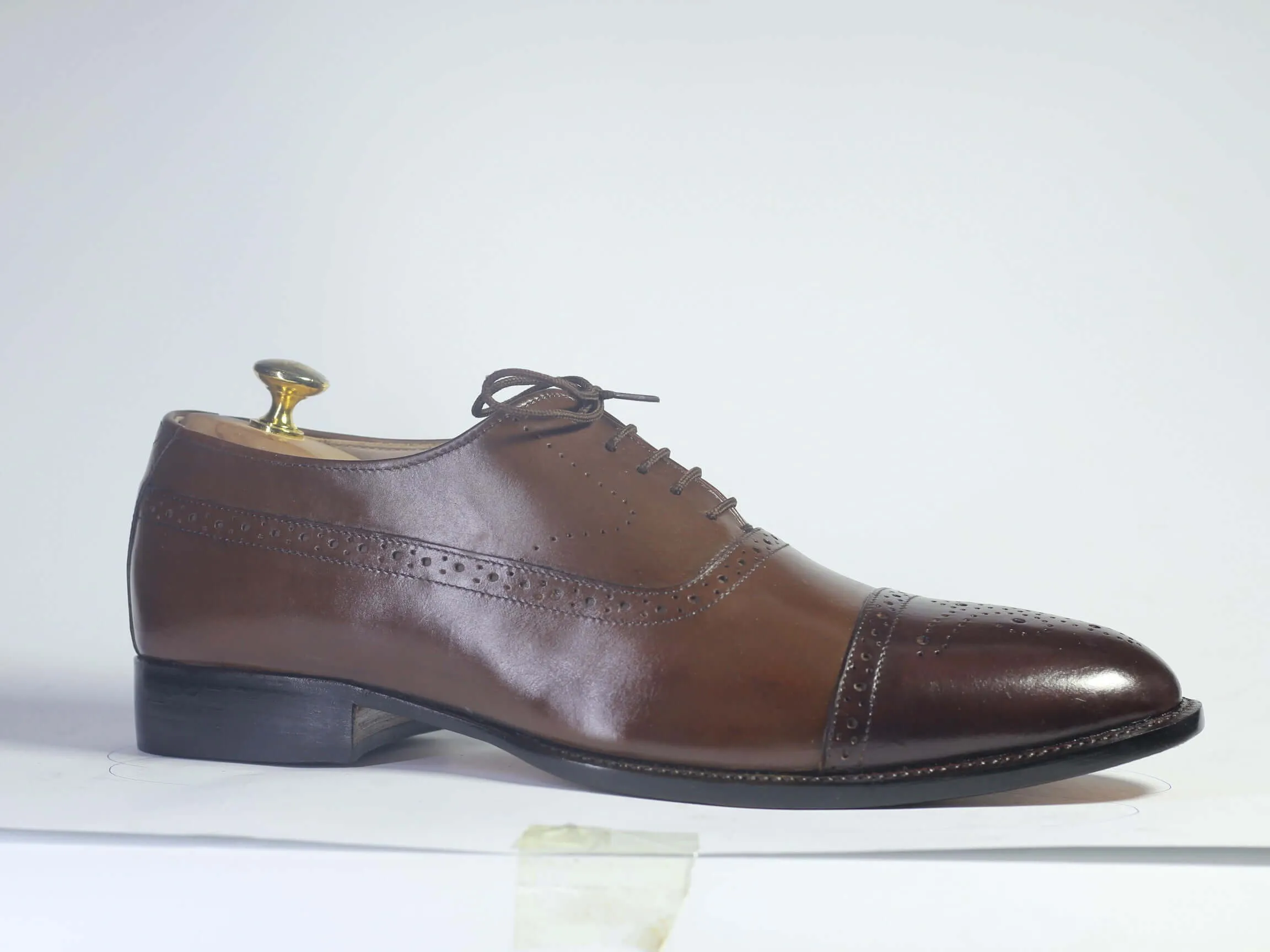 So Shoes Flats Handmade Men Brown Leather Cap Toe Brogue Shoes, Men Dress Formal Designer Shoes