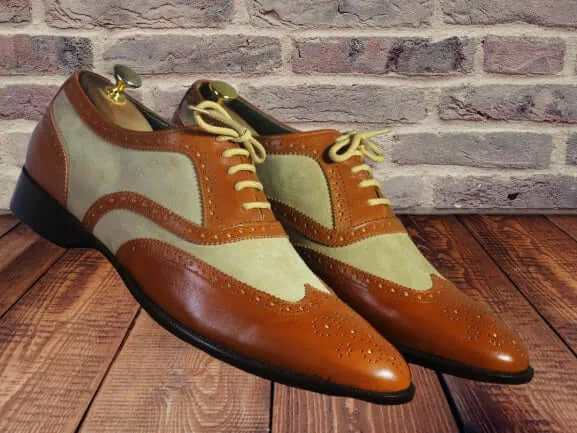 Handmade Men Brown White Wing Tip Brogue Shoes, Men Leather Suede Lace Up Shoes Pencil Shoes Flats