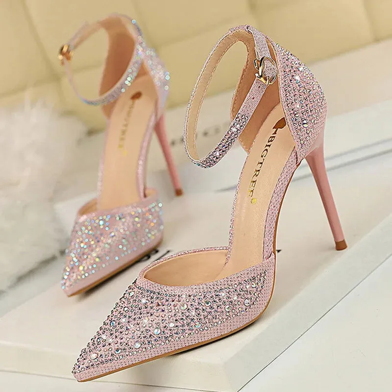 Slingback Sandals Shoes Shiny Rhinestones High Heels Ladies Shoes Women Pumps
