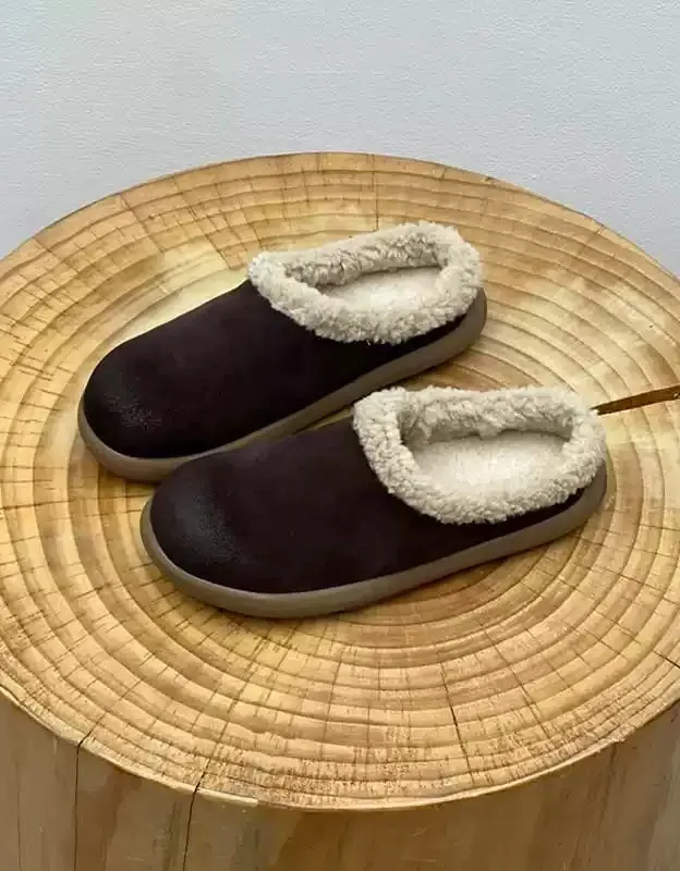 Round Toe Winter Indoor Suede Slippers with Fur Grey Slippers