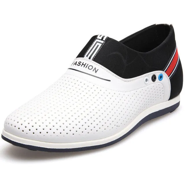 Merkmak 2017 New Summer Men Leather Shoes Casual Leisure Breathable Height Increasing Loafers Cool Summer White Shoes Slip On Crocs Santa Cruz Loafers