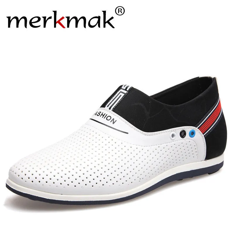 Merkmak 2017 New Summer Men Leather Shoes Casual Leisure Breathable Height Increasing Loafers Cool Summer White Shoes Slip On Trousers And Loafers