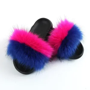 Thong House Slippers Chicvane Girls Striped Color Block Faux Fur Open Toe Fluffy Flat Sleeper Slides
