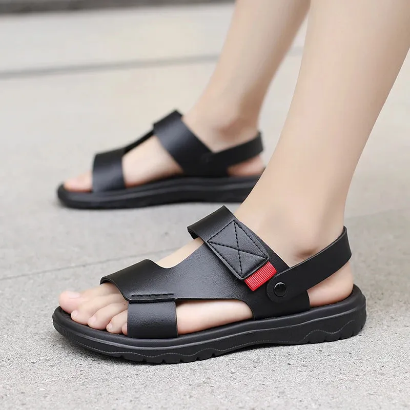 Low Heels Sandals Yeknu Men's Slippers outdoor Summer New Sandals Men Leather Sandals breathable Adult Thick-soled Beach Shoes Non-slip Open-toe Sandals