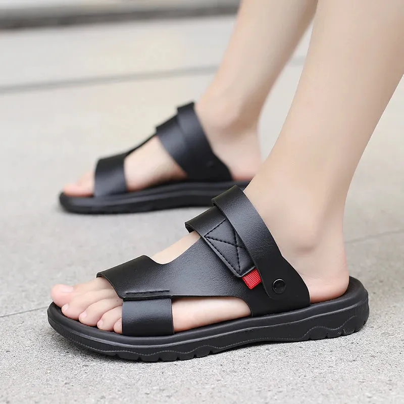 Yeknu Men's Slippers outdoor Summer New Sandals Men Leather Sandals breathable Adult Thick-soled Beach Shoes Non-slip Open-toe Sandals Cork Sole Sandals