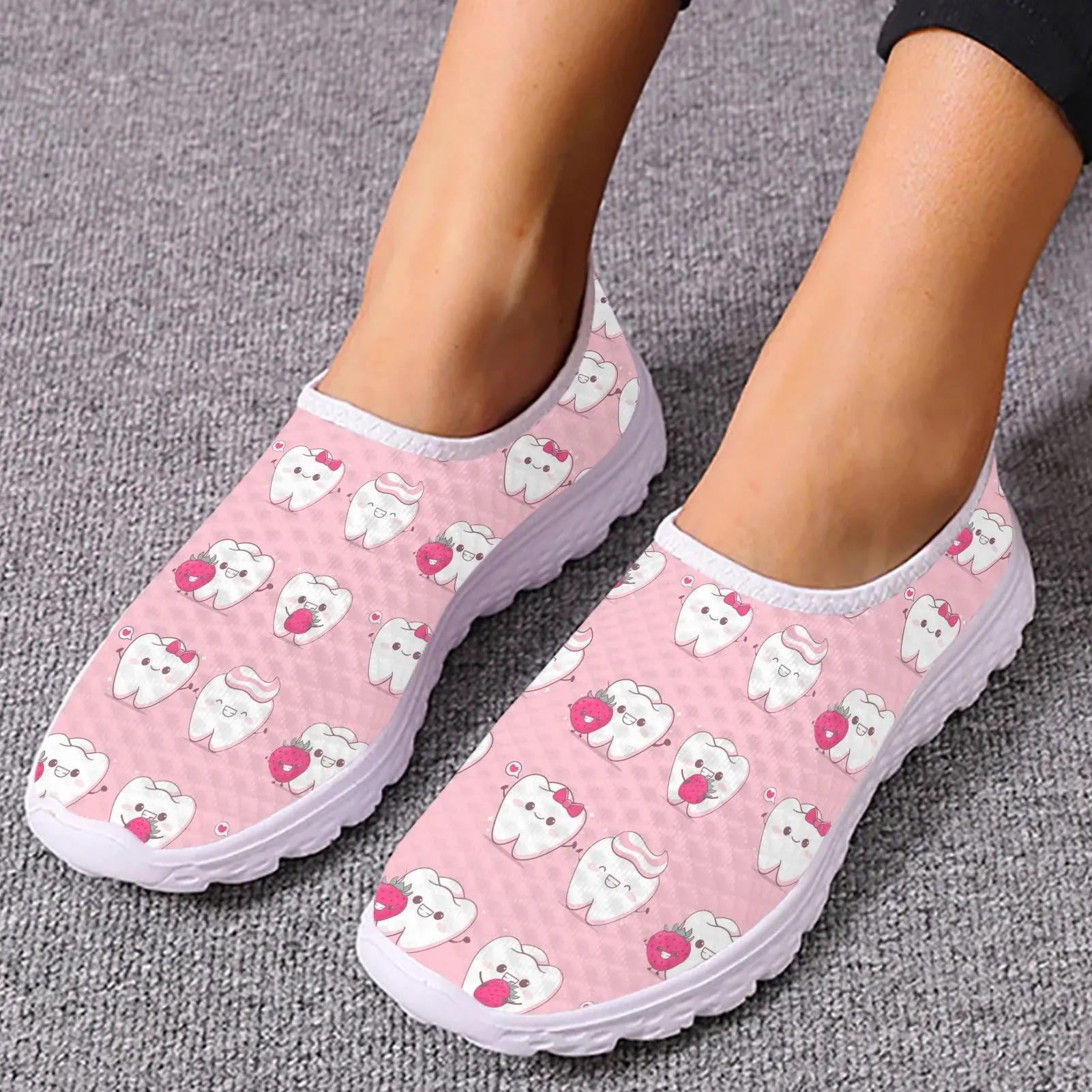 INSTANTARTS Cartoon Dental Loafers Pink Tooth Print Comfortable Breathable Shoes Medical Nurse Shoes Women's Slip On Shoes Flat Leah Loafers
