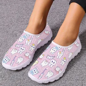 INSTANTARTS Cartoon Dental Loafers Pink Tooth Print Comfortable Breathable Shoes Medical Nurse Shoes Women's Slip On Shoes Flat Johnston Murphy Loafers