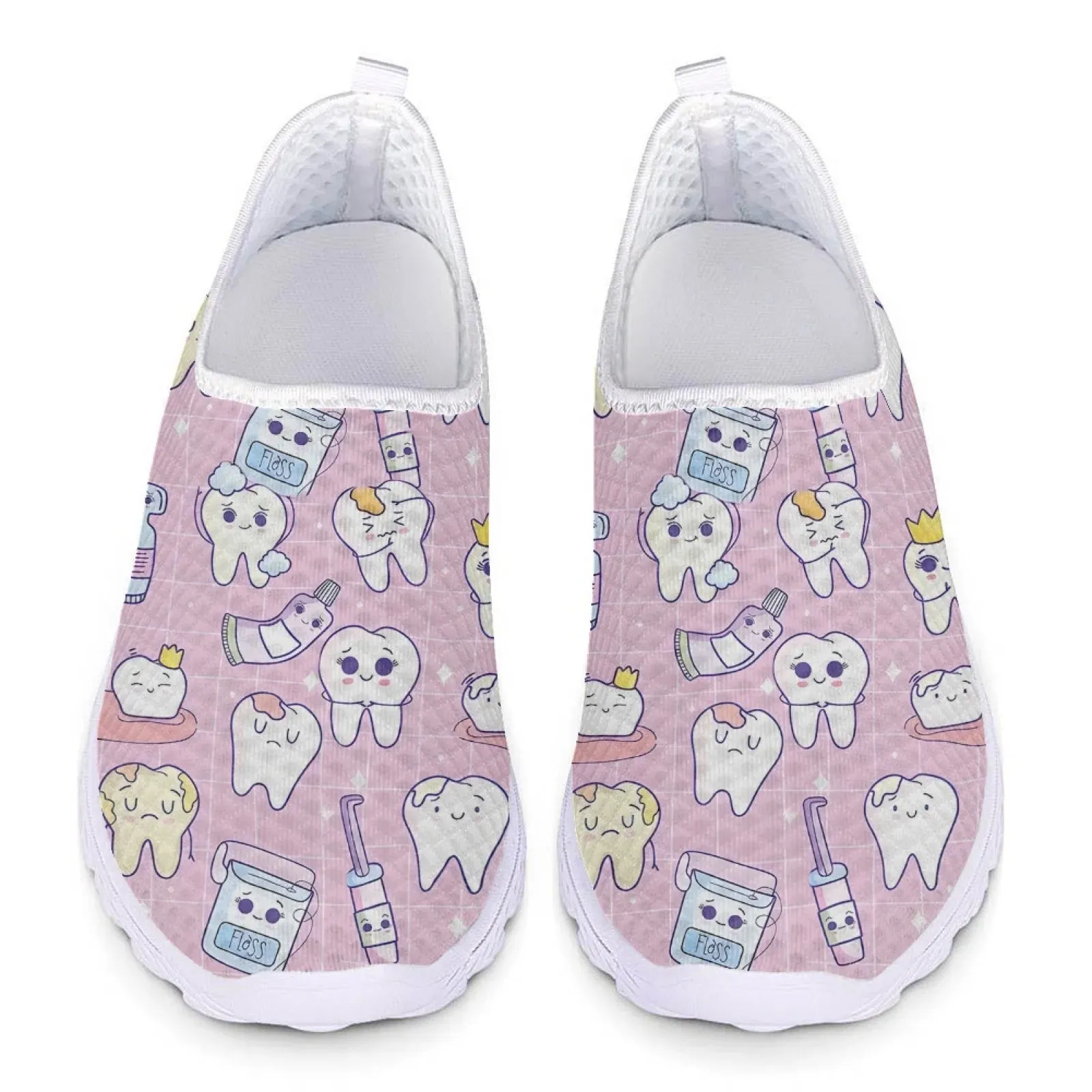 High Heeled Loafers INSTANTARTS Cartoon Dental Loafers Pink Tooth Print Comfortable Breathable Shoes Medical Nurse Shoes Women's Slip On Shoes Flat