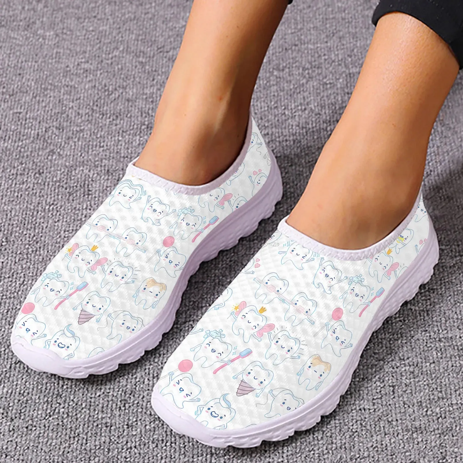 INSTANTARTS Cartoon Dental Loafers Pink Tooth Print Comfortable Breathable Shoes Medical Nurse Shoes Women's Slip On Shoes Flat Loafers Pearl