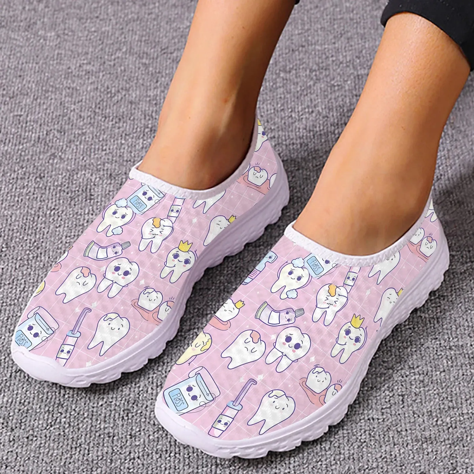 INSTANTARTS Cartoon Dental Loafers Pink Tooth Print Comfortable Breathable Shoes Medical Nurse Shoes Women's Slip On Shoes Flat Loafers Sneakers