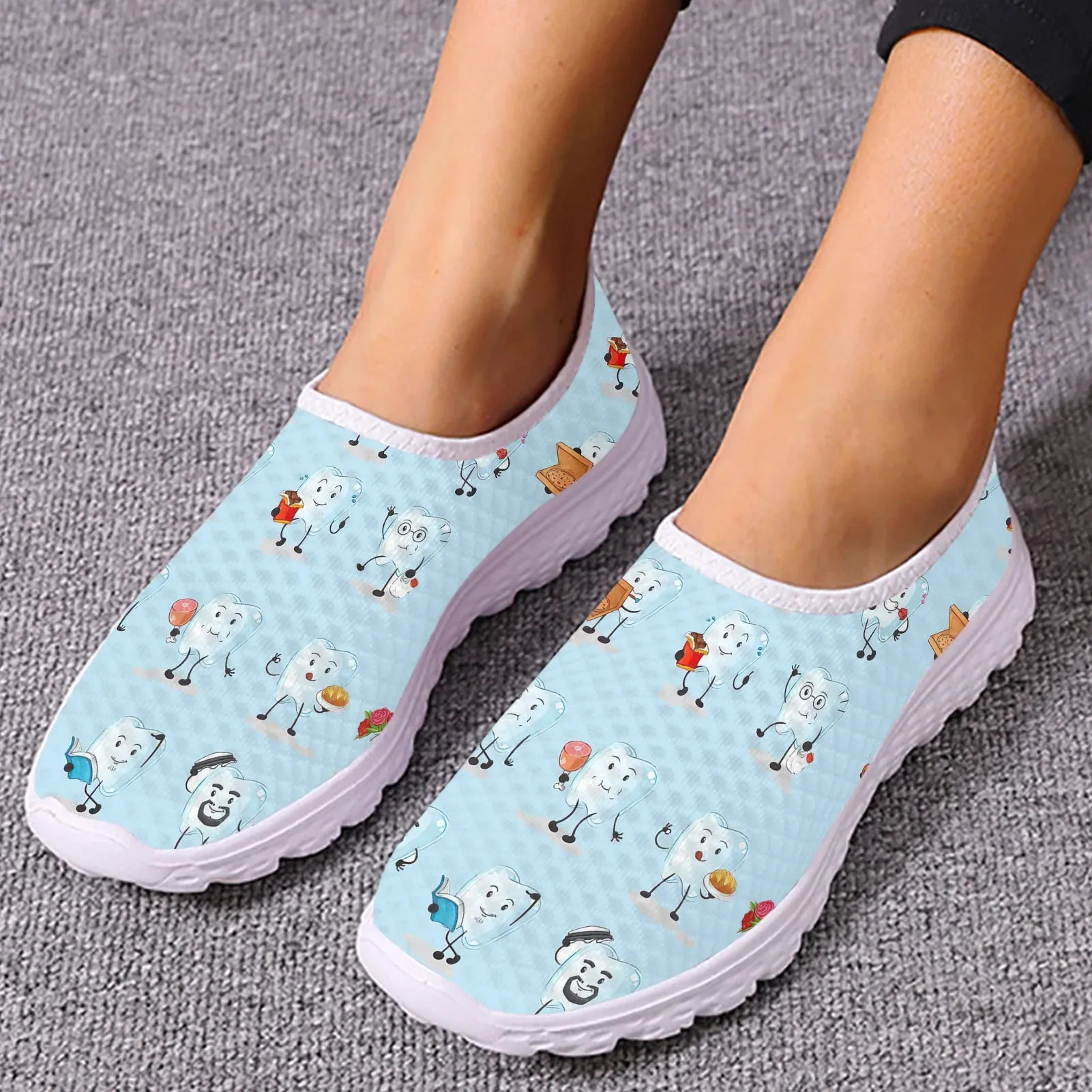 INSTANTARTS Cartoon Dental Loafers Pink Tooth Print Comfortable Breathable Shoes Medical Nurse Shoes Women's Slip On Shoes Flat Calf Hair Loafers