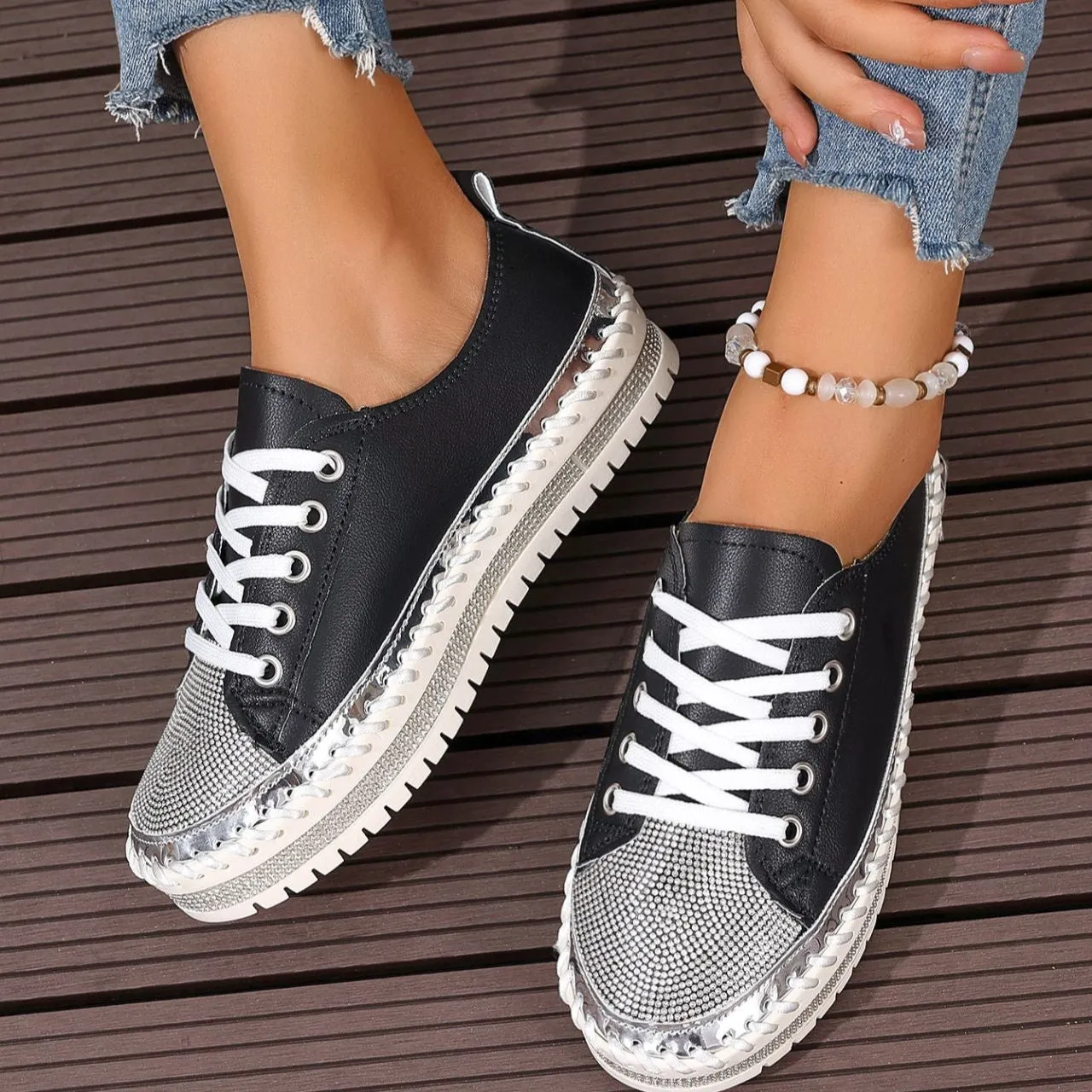 Lebron Sneakers Women's rhinestone sparkly lace-up platform sneakers